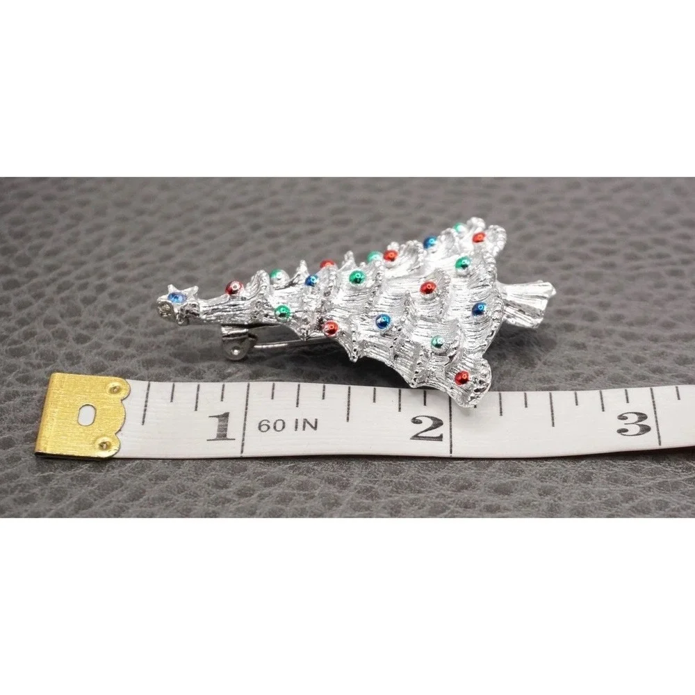 Vintage Christmas Tree Brooch Rhinestone Red Green Blue Silver Tone MCM Retro